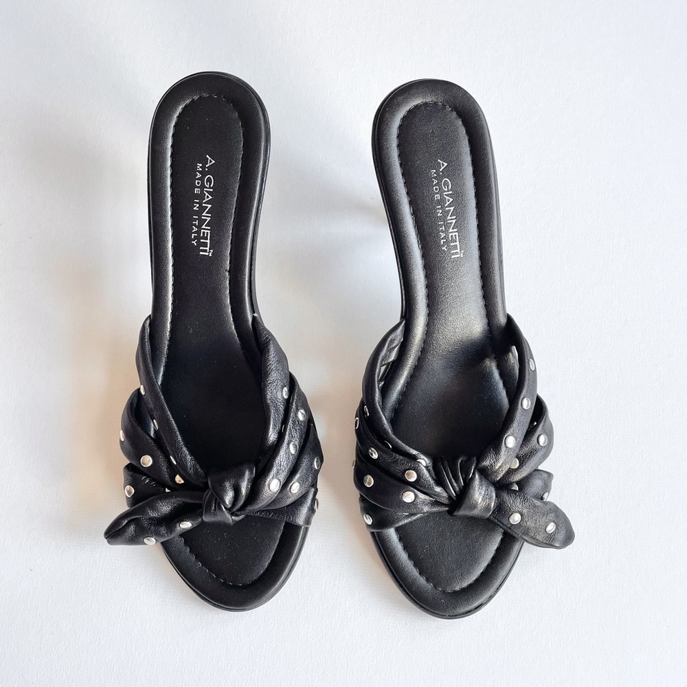 A. Giannetti Studded Black Leather Sandal Heels - Picture 4 of 7